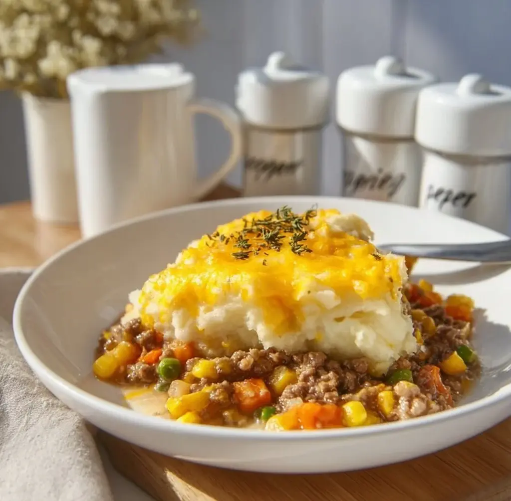 Delicious slow cooker Shepherd's Pie with mashed potatoes and savory filling