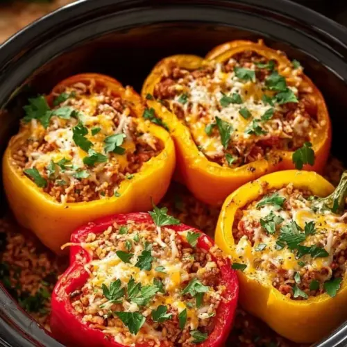 Slow cooker stuffed bell peppers filled with rice, vegetables, and spices.
