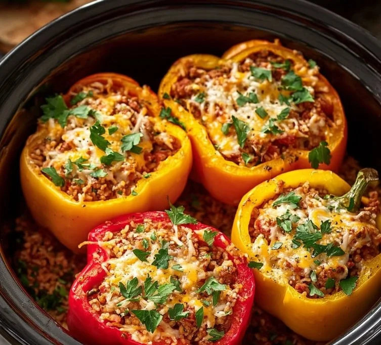 Slow cooker stuffed bell peppers filled with rice, vegetables, and spices.