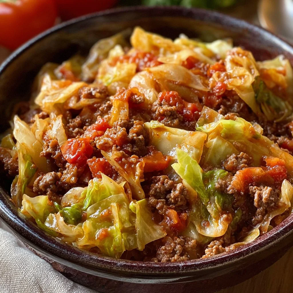 A delicious bowl of slow cooker unstuffed cabbage rolls topped with herbs