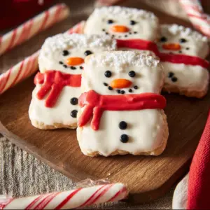 Festive Snowman Rice Krispie Treats decorated for holiday celebrations