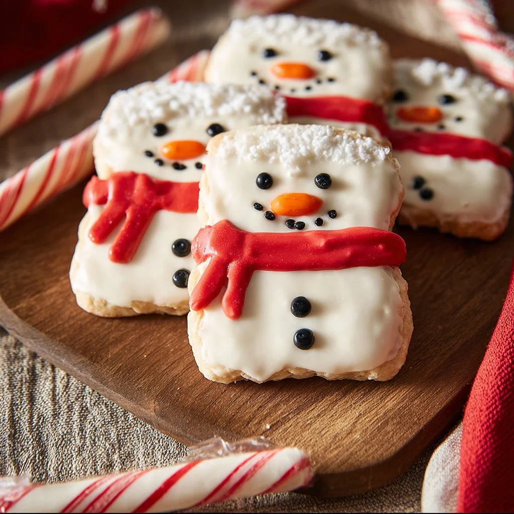Festive Snowman Rice Krispie Treats decorated for holiday celebrations