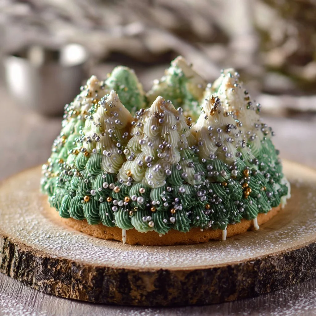 Snowy Christmas Tree Cake decorated with icing and festive sprinkles