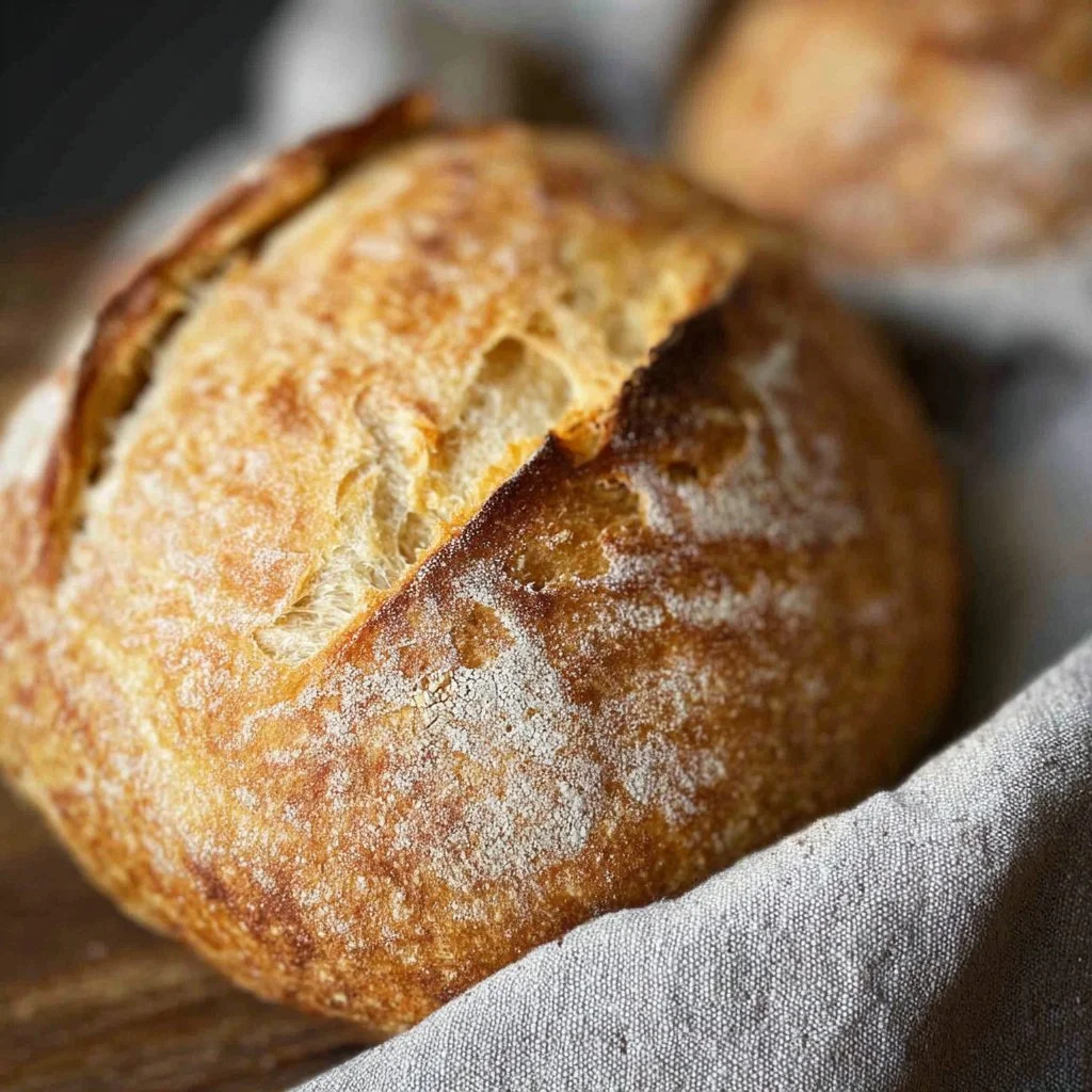 Freshly baked sourdough discard bread on a wooden cutting board