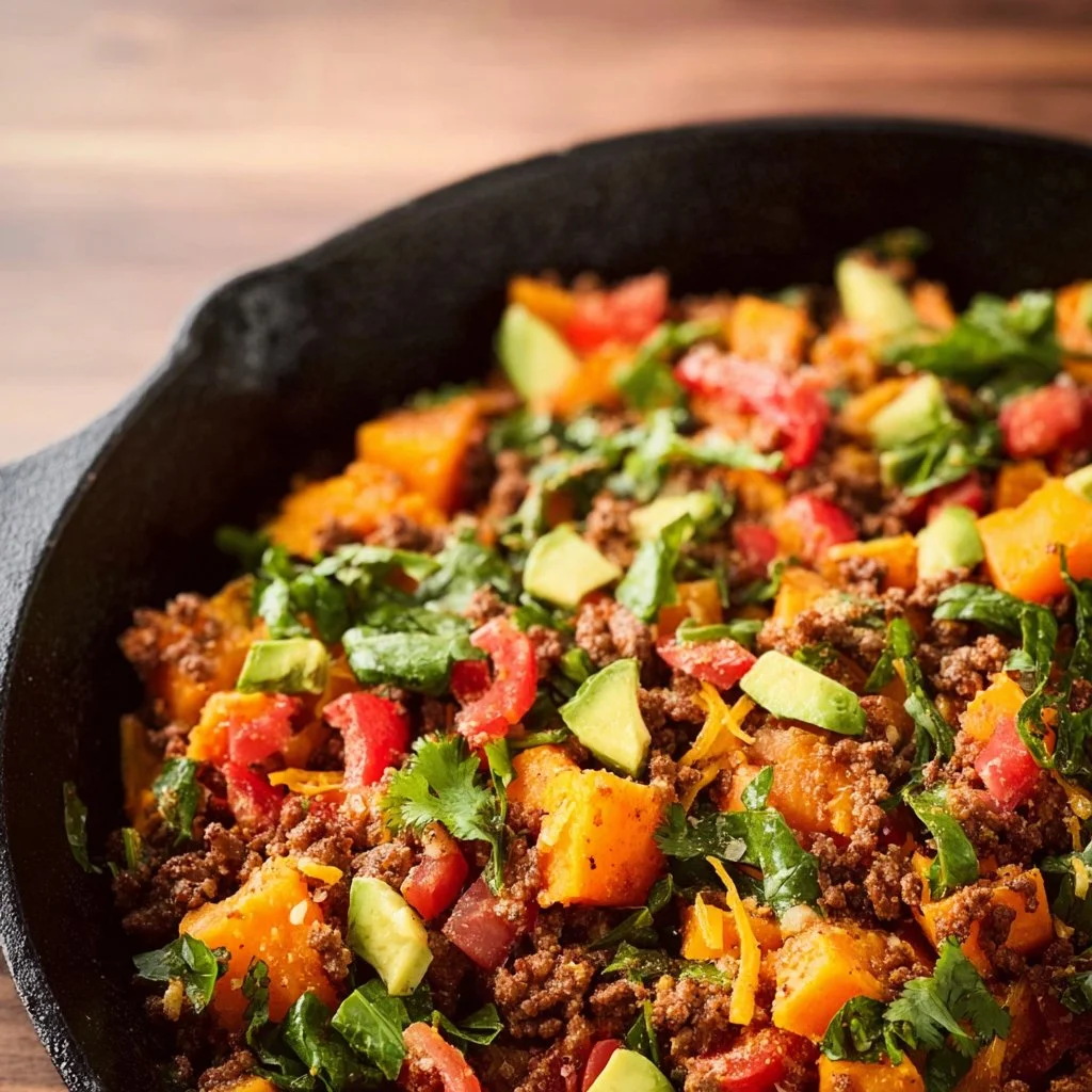 Southwestern Sweet Potato and Ground Beef Skillet