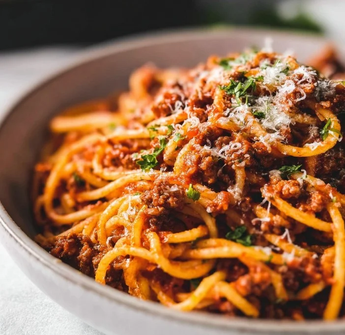 A delicious plate of Spaghetti Bolognese topped with fresh herbs