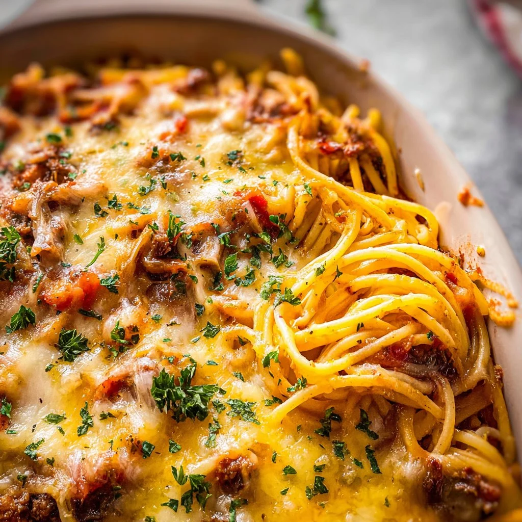 Baked spaghetti casserole with tomato sauce and cheese in a dish