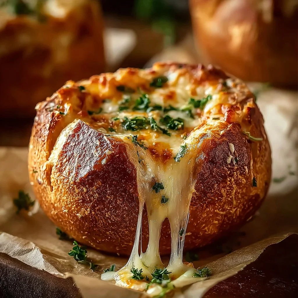 Spaghetti garlic bread bowls filled with spaghetti and topped with herbs.