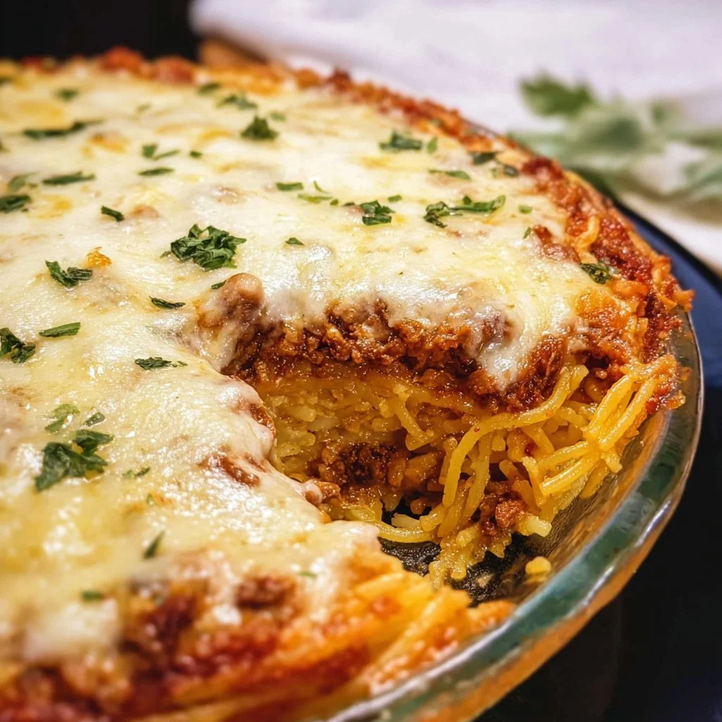 A delicious serving of spaghetti pie topped with cheese and herbs on a plate.