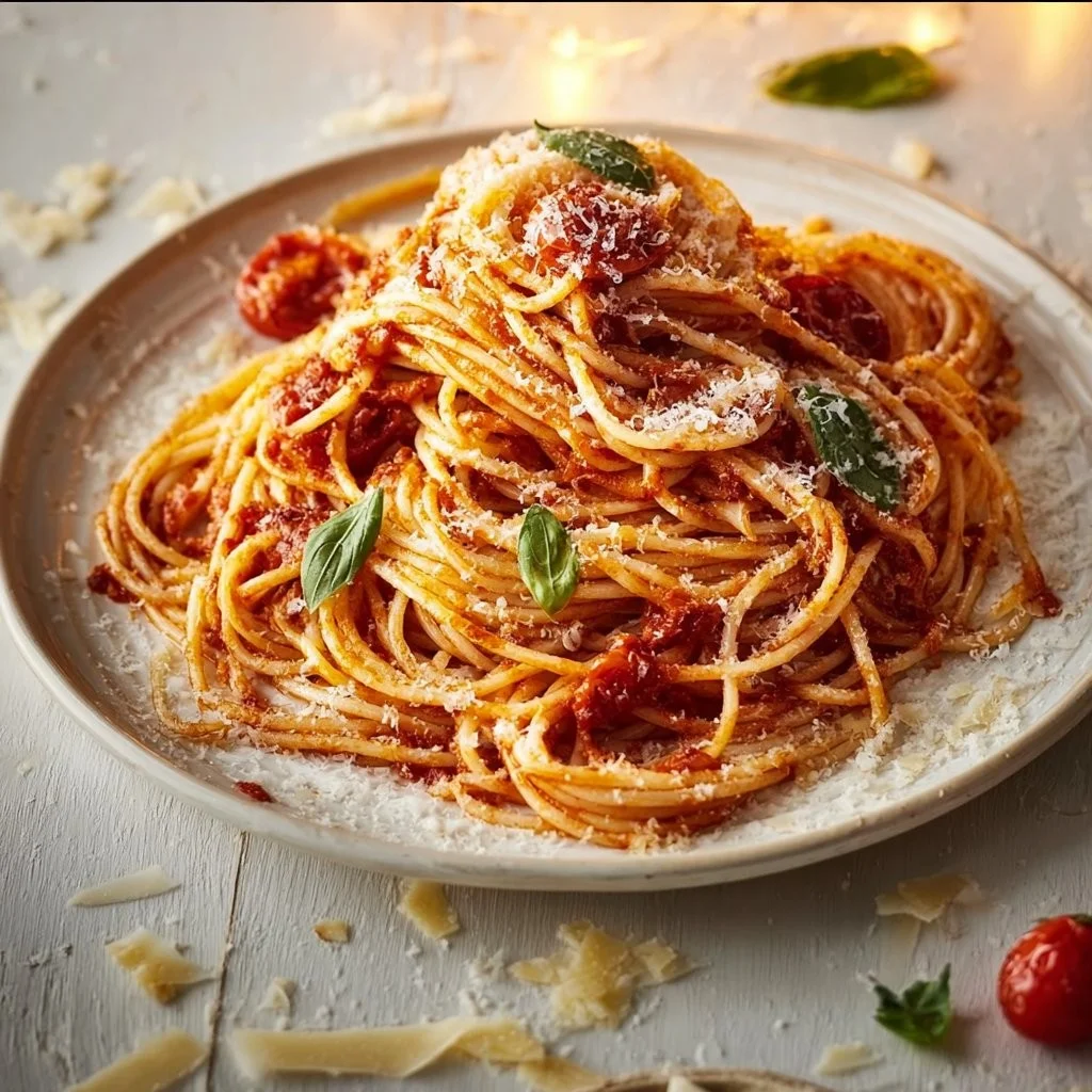 Delicious homemade spaghetti served with rich tomato sauce and herbs