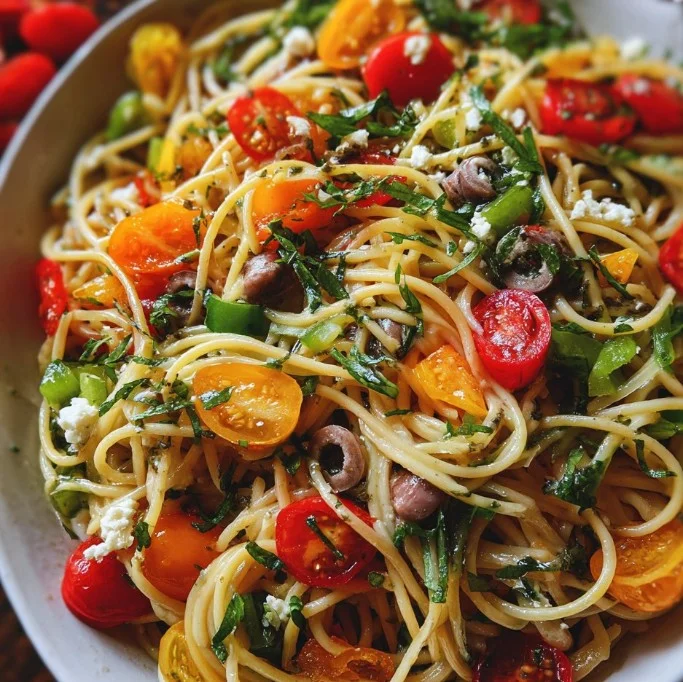 Colorful Spaghetti Salad with fresh vegetables and dressing