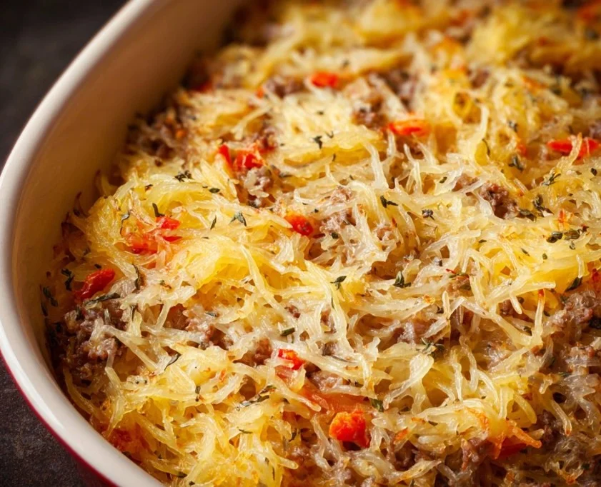 Delicious spaghetti squash casserole served in a dish