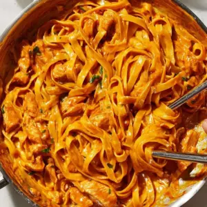 Creamy Spicy Chicken Alfredo with fettuccine pasta and sprinkled herbs