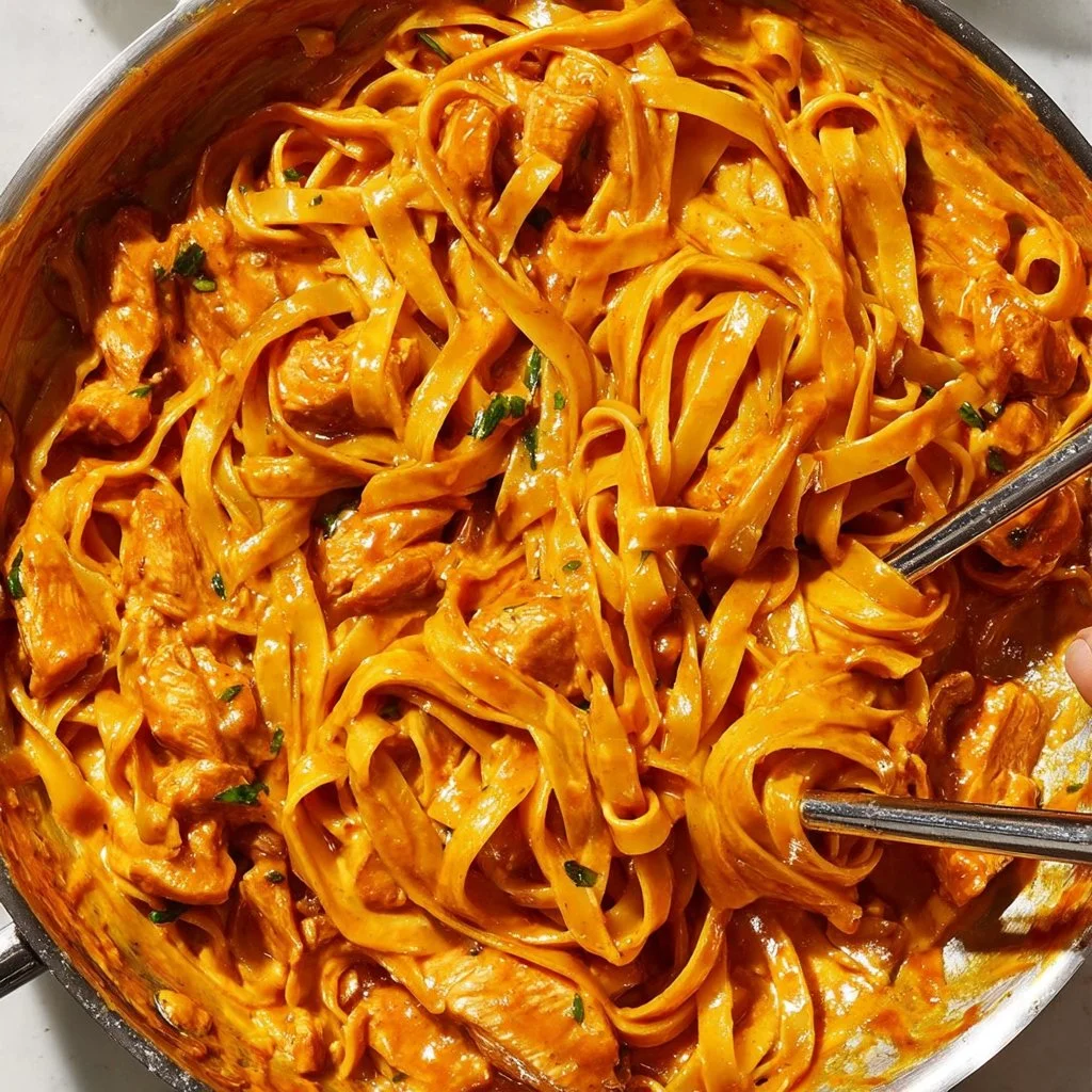 Creamy Spicy Chicken Alfredo with fettuccine pasta and sprinkled herbs