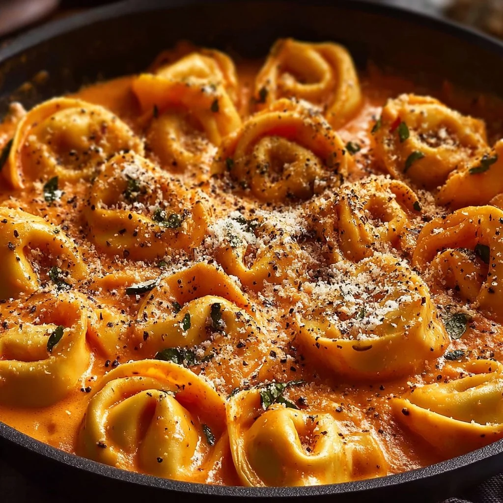 Delicious spicy garlic butter chicken tortellini served in a bowl.