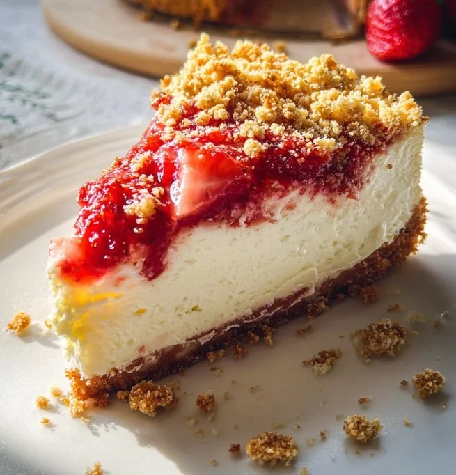 Delectable strawberry crunch cheesecake with fresh strawberries and crunchy topping.