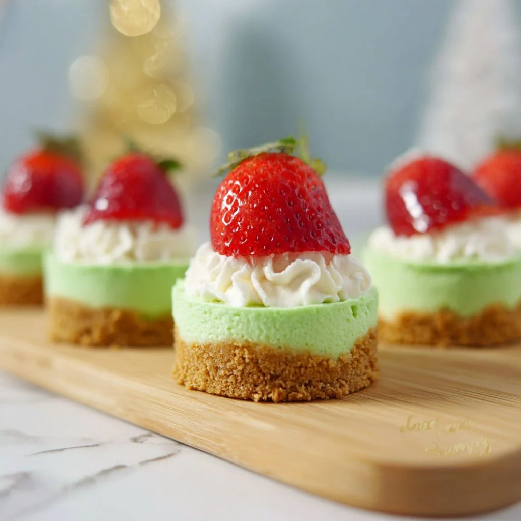Strawberry Grinch Mini Cheesecakes decorated for the holiday season.
