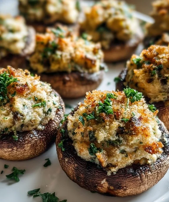 Plate of flavorful stuffed mushrooms garnished with herbs.
