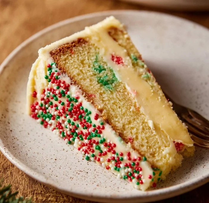 Delicious sugar cookie cheesecake topped with vibrant sprinkles and a creamy layer