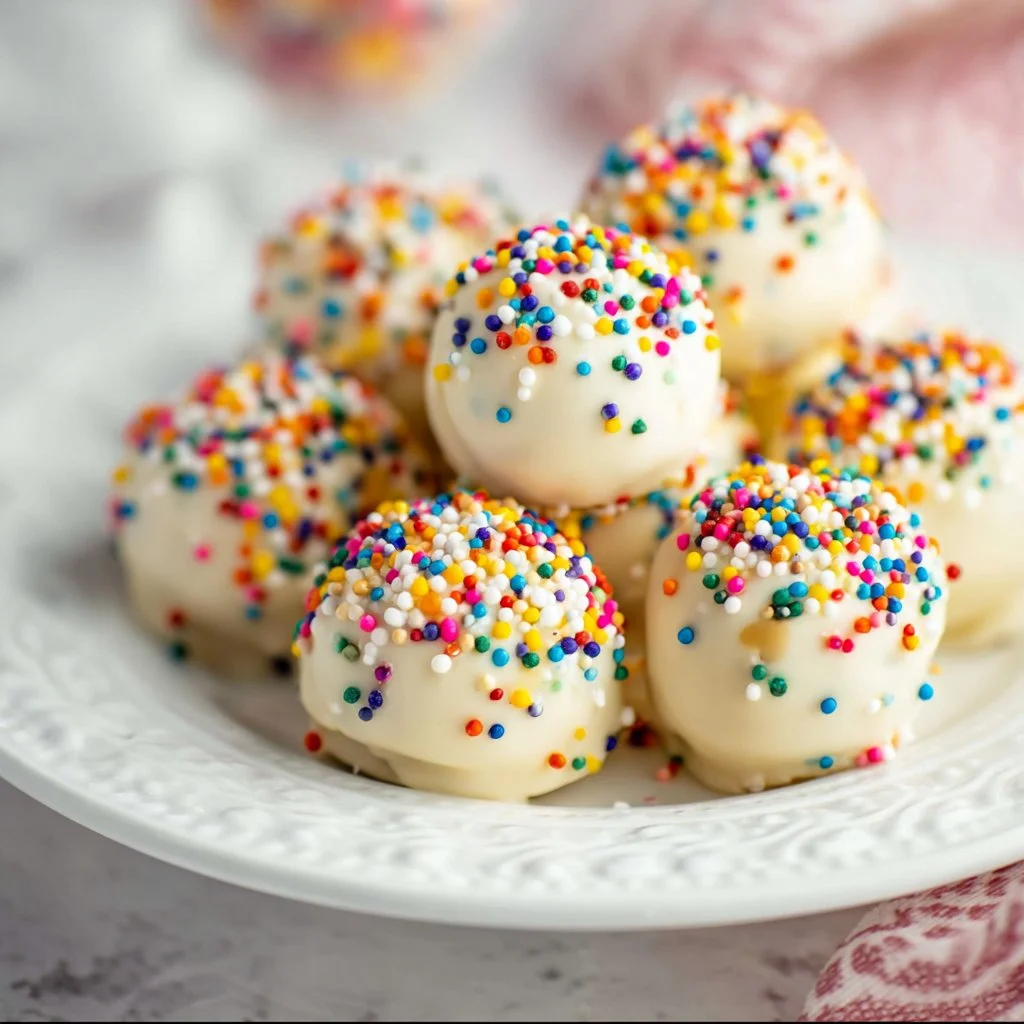 Delicious sugar cookie truffles decorated with colorful sprinkles