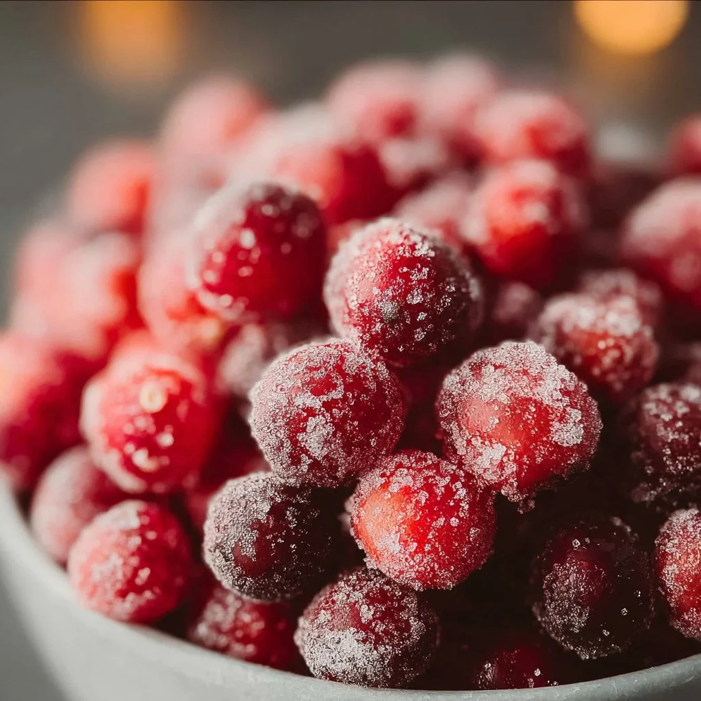 Sugared cranberries in a decorative bowl, perfect for holiday celebrations