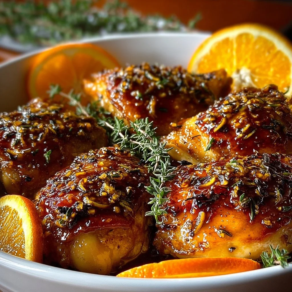 Plate of sweet and savory roasted orange chicken garnished with herbs.