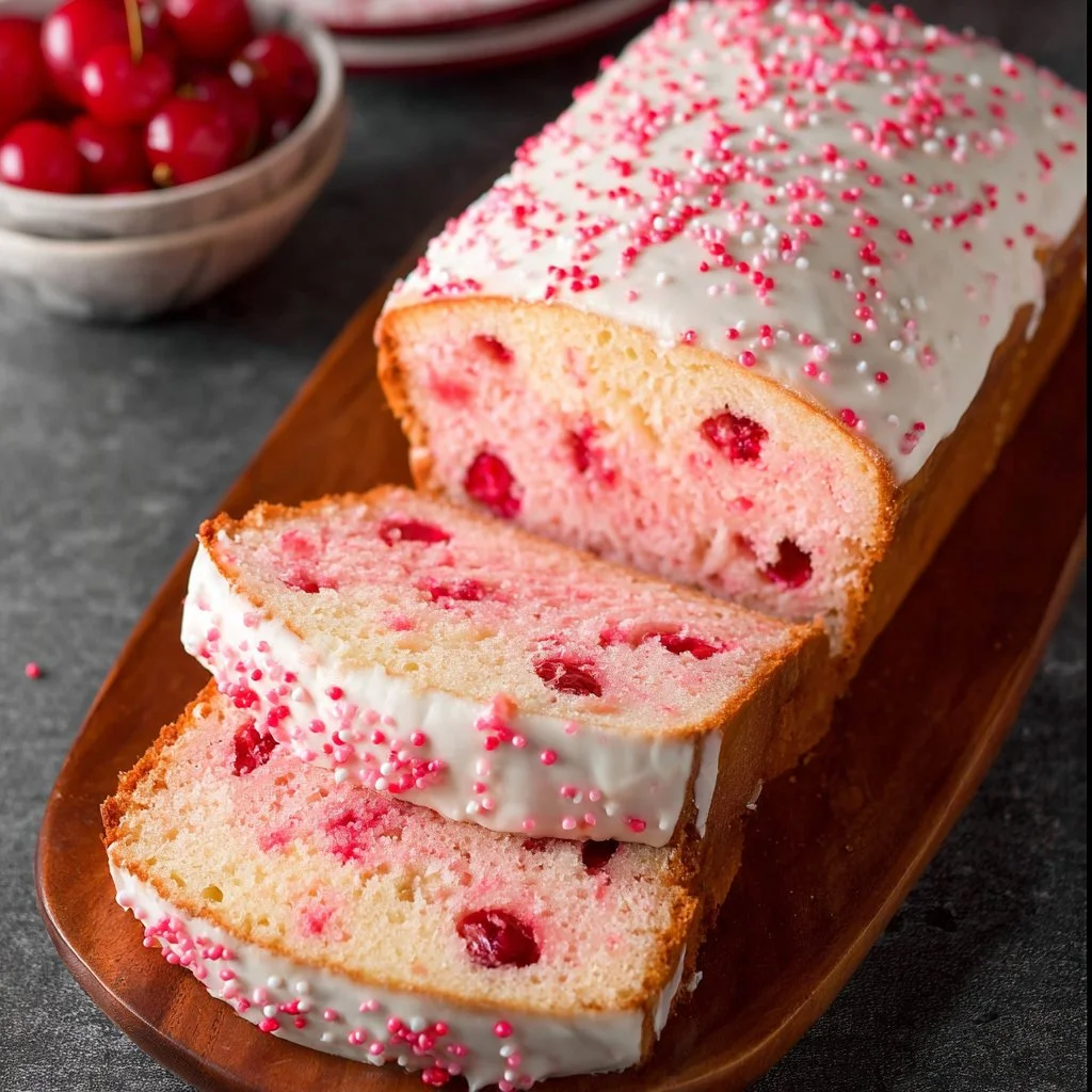 Sweet cherry bread topped with cream cheese frosting on a wooden table