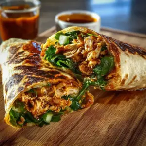 Sweet Chili Chicken Wrap topped with fresh veggies and drizzled with sauce