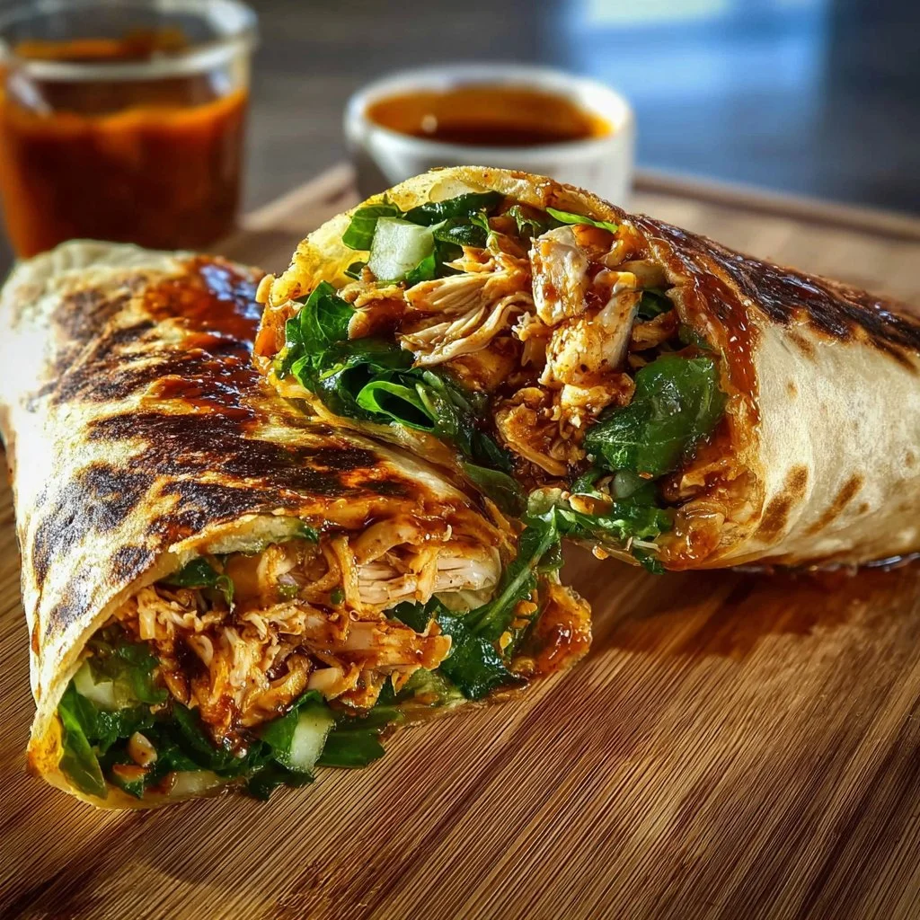 Sweet Chili Chicken Wrap topped with fresh veggies and drizzled with sauce