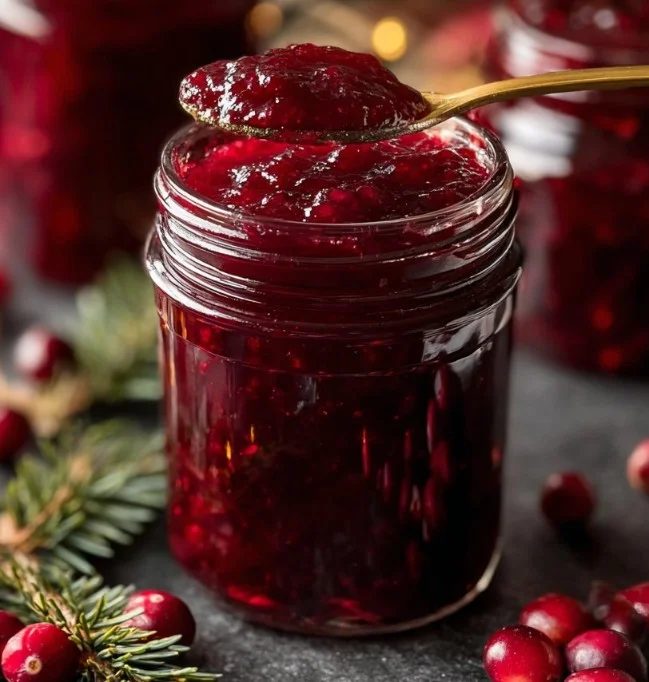 Sweet Christmas Cranberry Jam in a jar, perfect for holiday celebrations