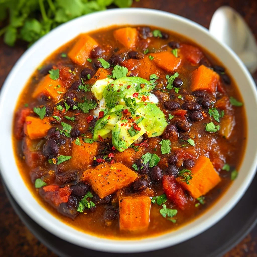 Bowl of sweet potato black bean chili topped with cilantro and avocado