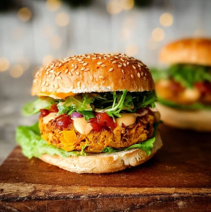 Delicious homemade sweet potato burgers served with toppings