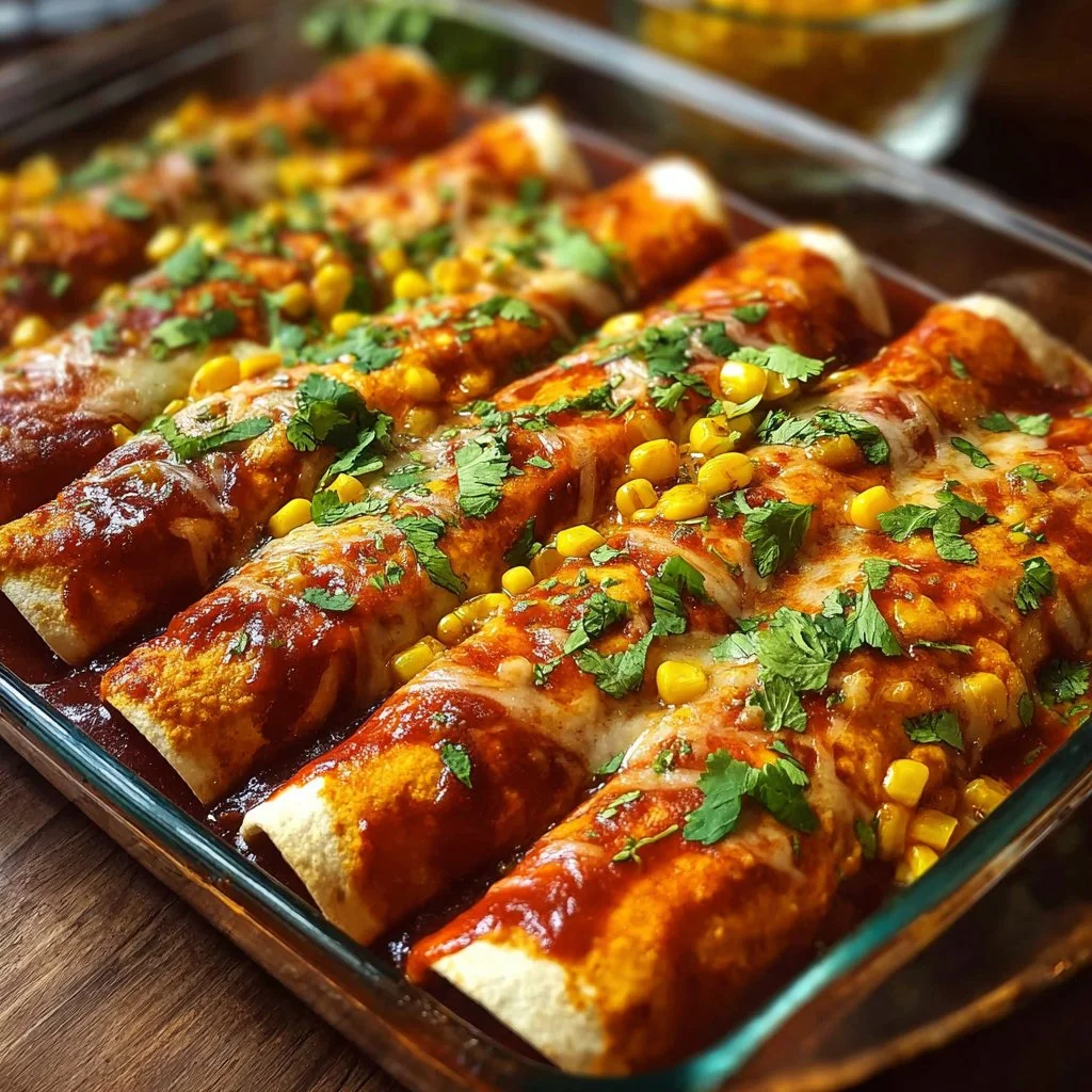 Delicious Sweet Potato, Corn, and Black Bean Enchiladas served on a plate