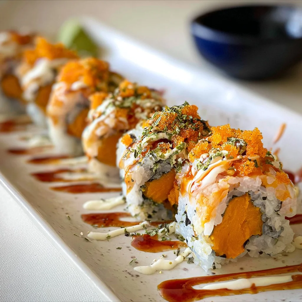 Delicious sweet potato sushi roll with vibrant colors and fresh ingredients.