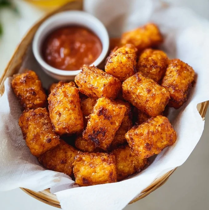 Golden brown sweet potato tater tots served on a plate with dipping sauce.