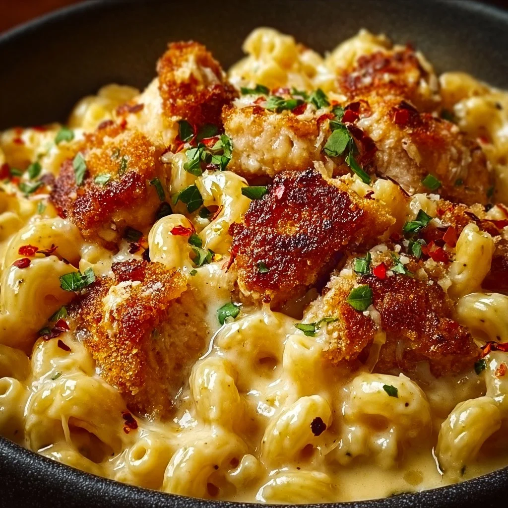 Delicious Honey Pepper Chicken Mac ‘n’ Cheese Comfort Bake dish served in a bowl.