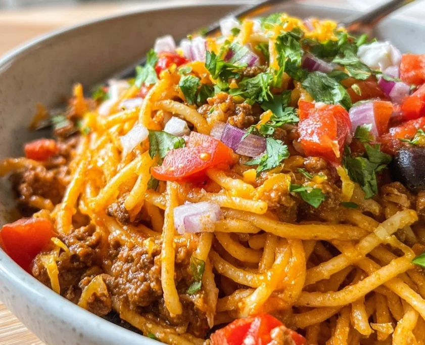 Taco Spaghetti with cheese and toppings in a serving bowl