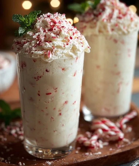 A festive peppermint float topped with whipped cream and candy canes.