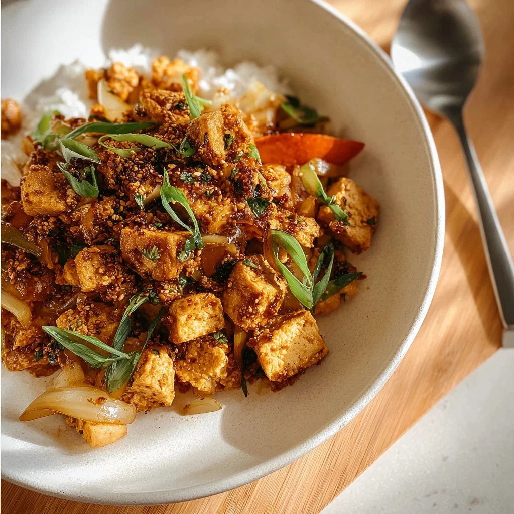 Plate of delicious Tofu Bulgogi with vegetables and spice.
