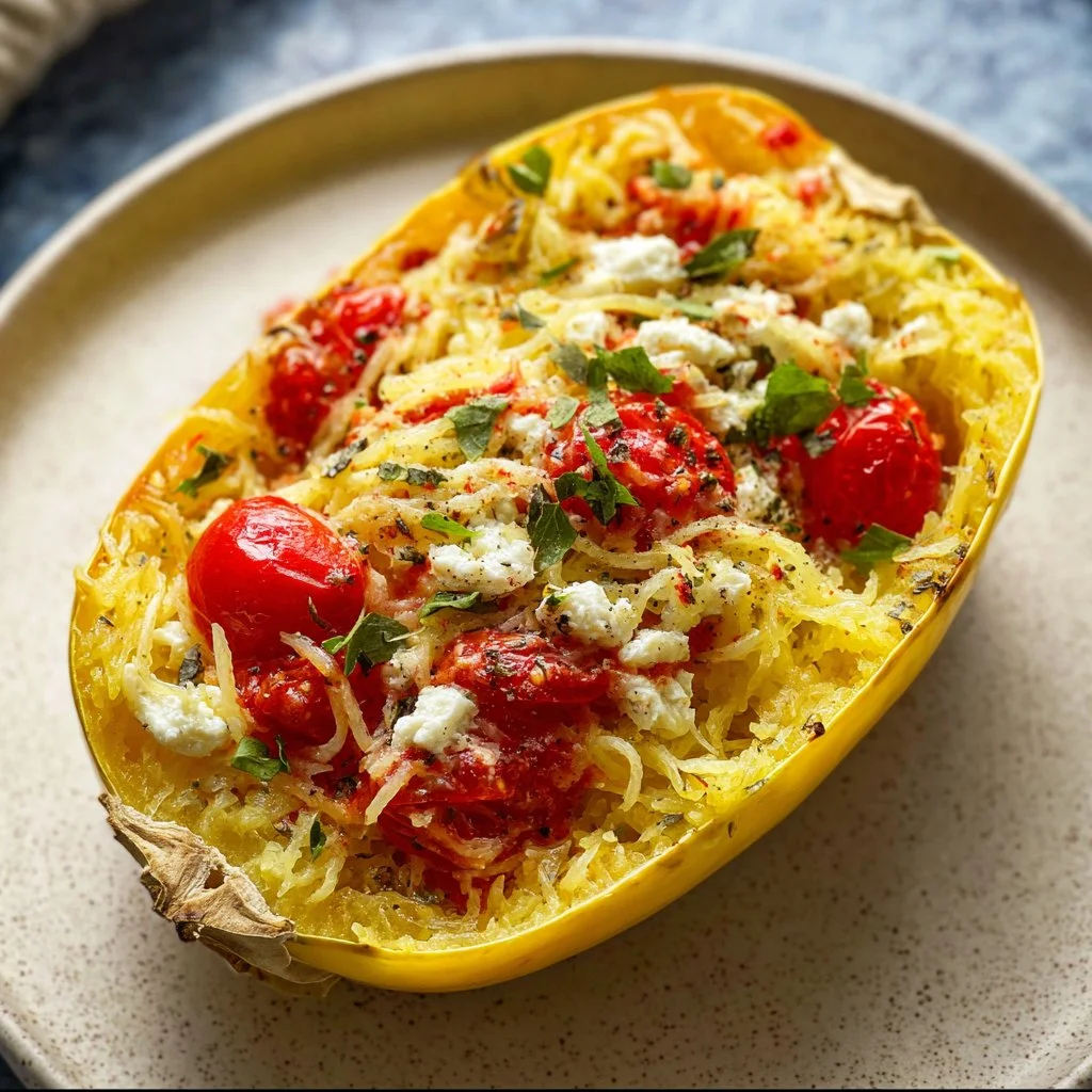 Tomato-Pesto Baked Feta served with spaghetti squash on a plate