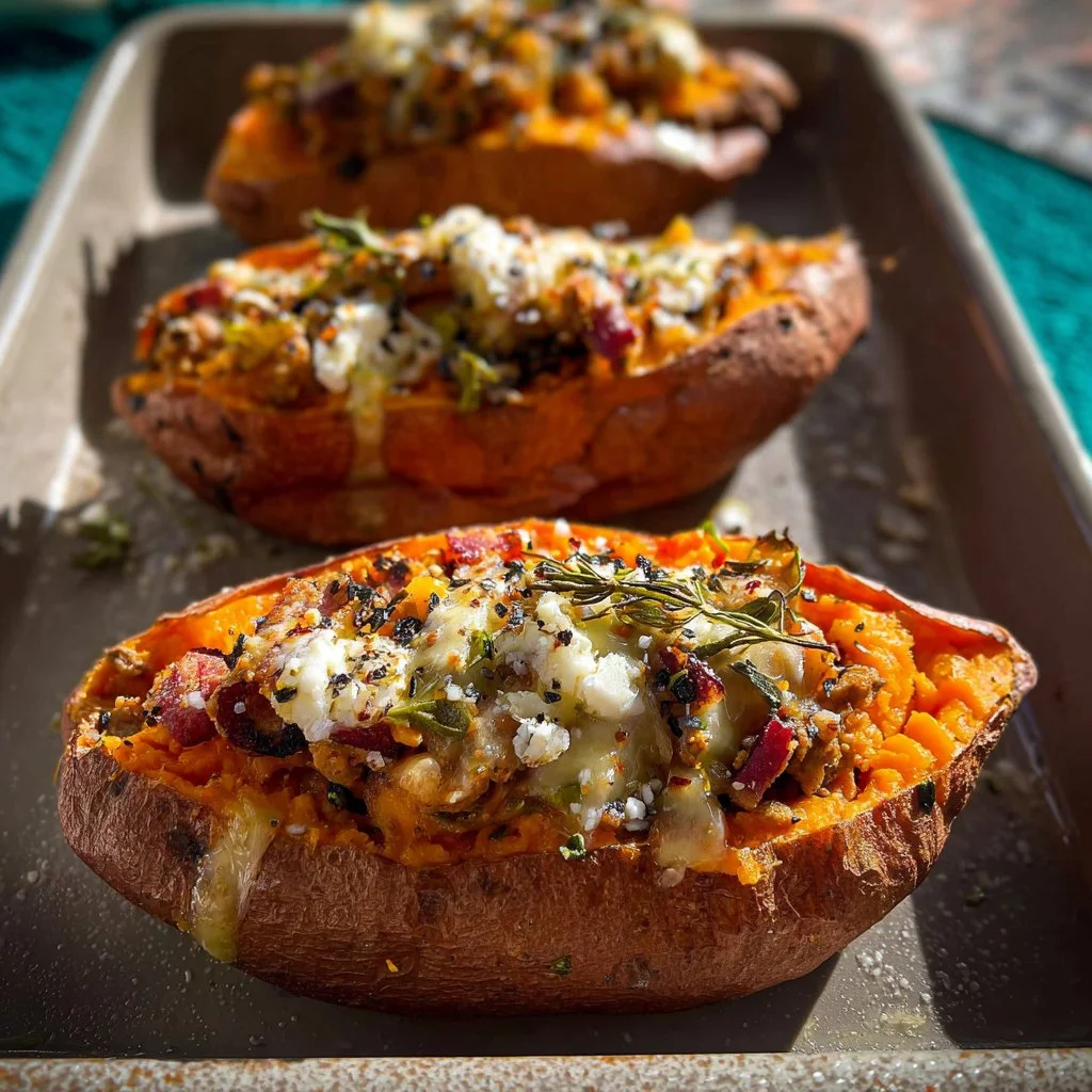 Turkey stuffed sweet potato topped with herbs and spices