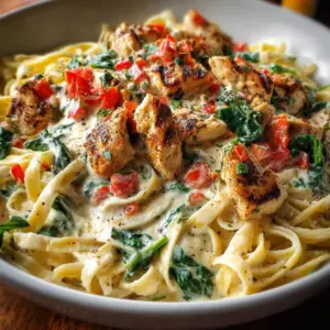 Delicious Tuscan Chicken Pasta with chicken, vegetables, and creamy sauce