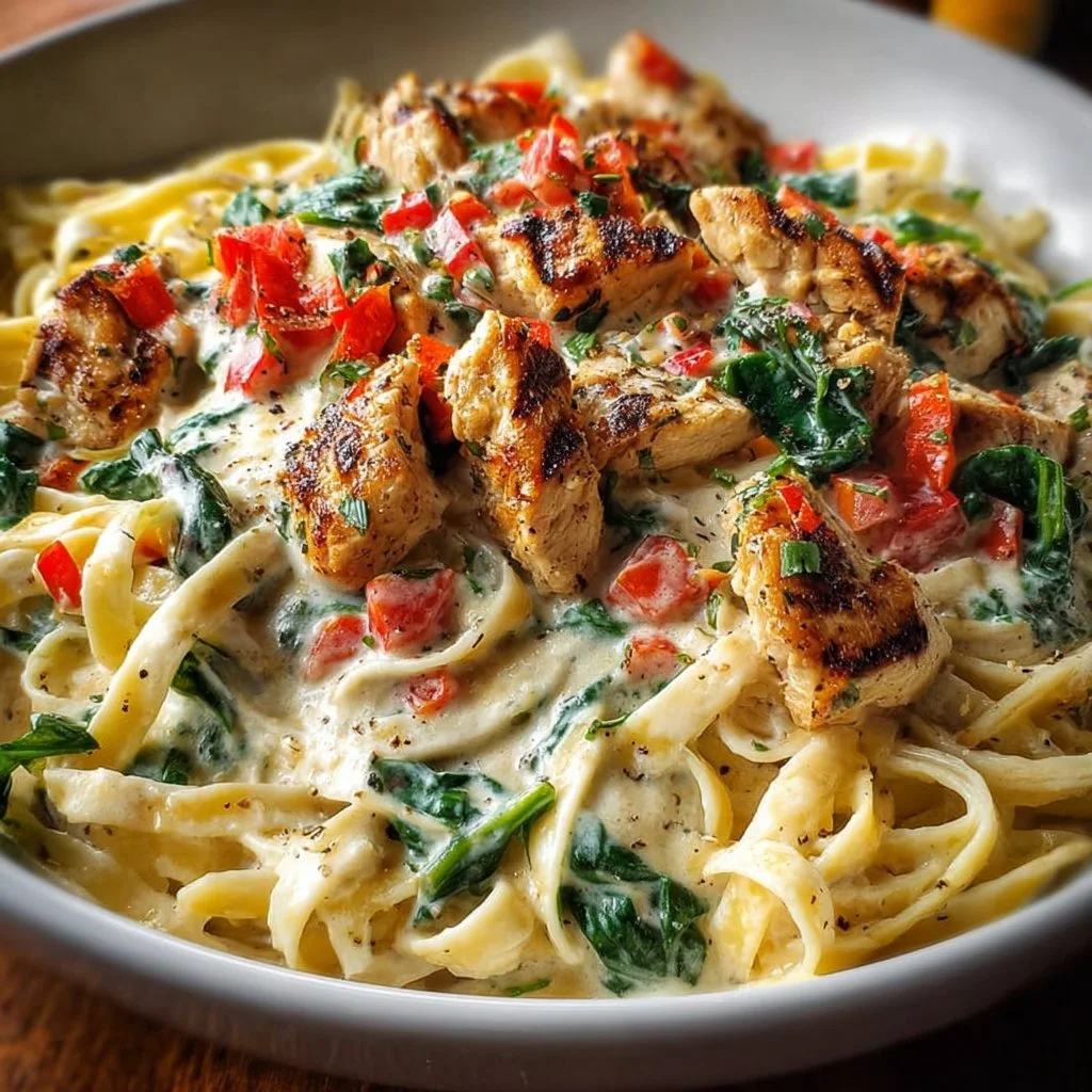 Delicious Tuscan Chicken Pasta with chicken, vegetables, and creamy sauce