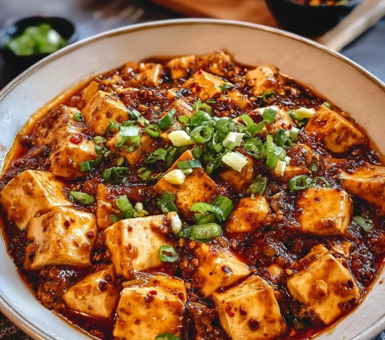 Delicious Vegan Mapo Tofu served in a bowl with rice and garnishes.