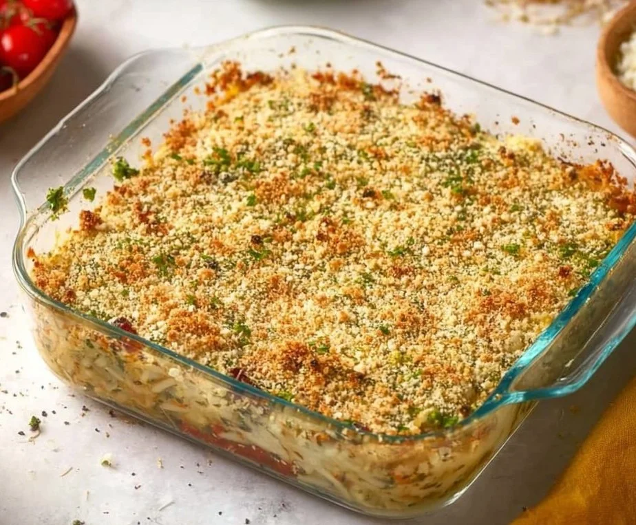 White bean and pesto bake topped with cheese and herbs in a baking dish