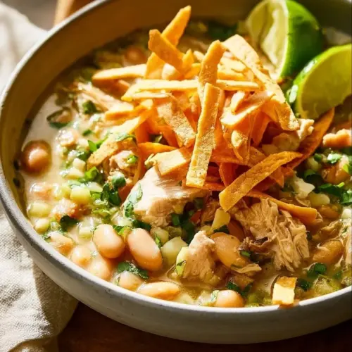 A bowl of hearty white chicken chili with toppings of cheese and cilantro.