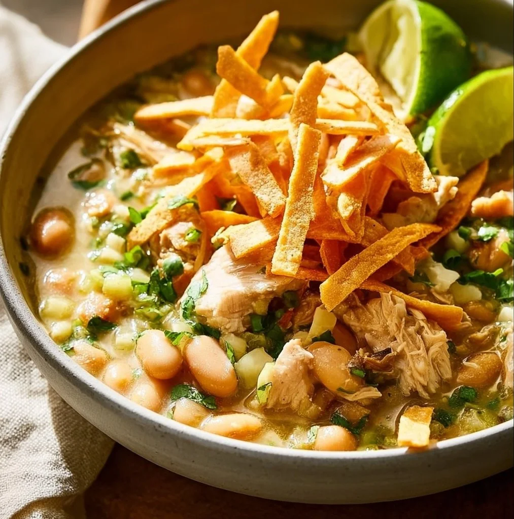A bowl of hearty white chicken chili with toppings of cheese and cilantro.
