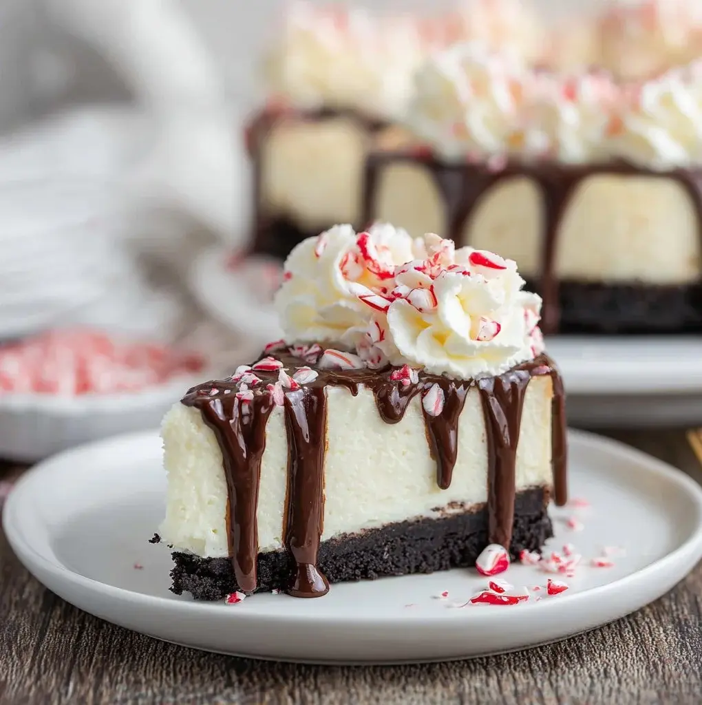 Creamy white chocolate peppermint cheesecake topped with mint and chocolate sprinkles.