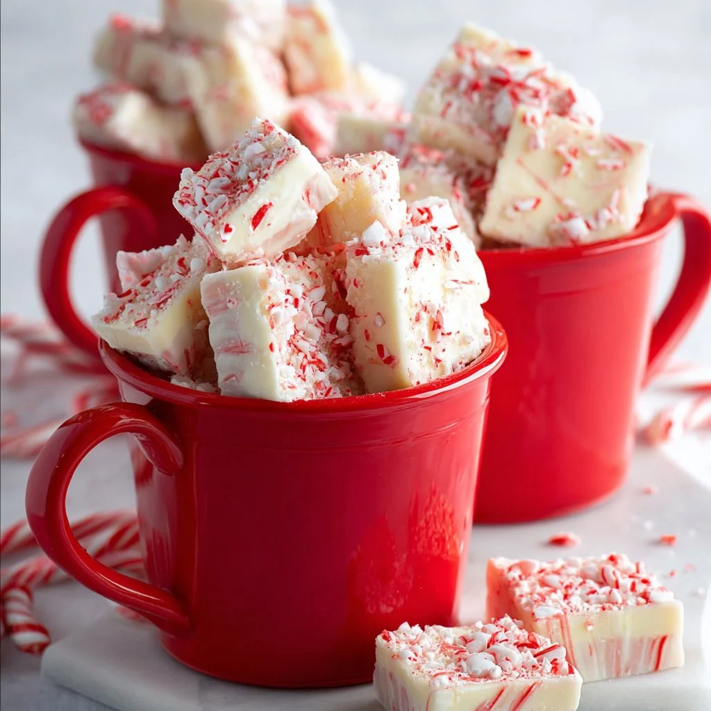 Delicious white chocolate peppermint fudge topped with festive decorations.