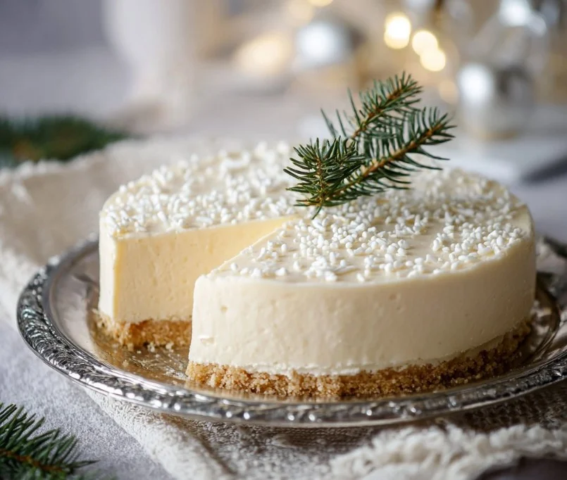 Delicious White Christmas Truffle Cake decorated for the holiday season.
